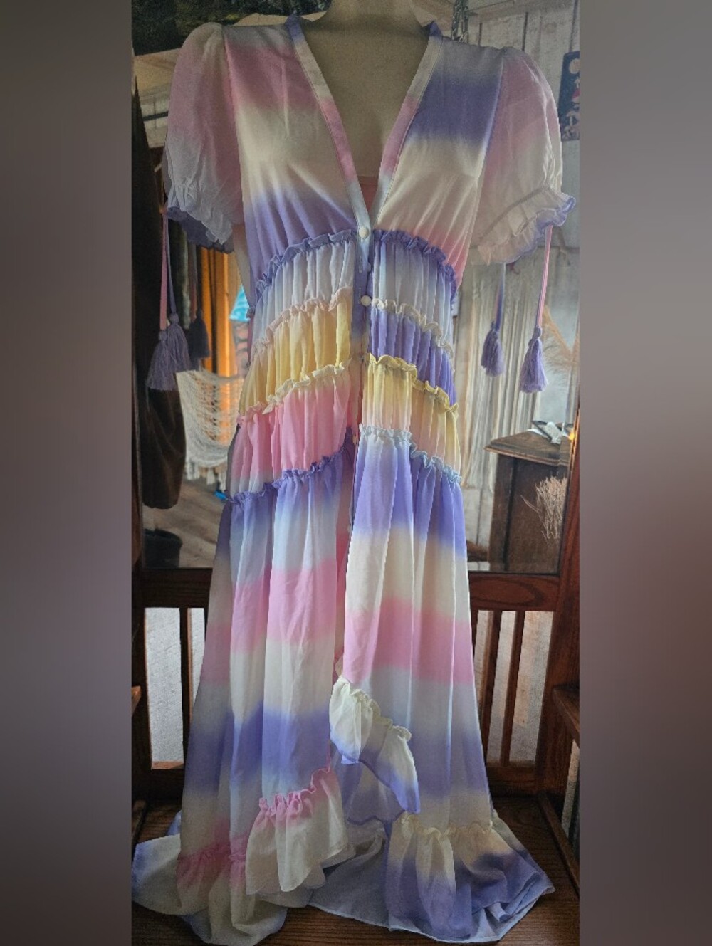 Davi & Dani Pastel Ombre Tiered Button Front Maxi Dress Tassels Sz: Small